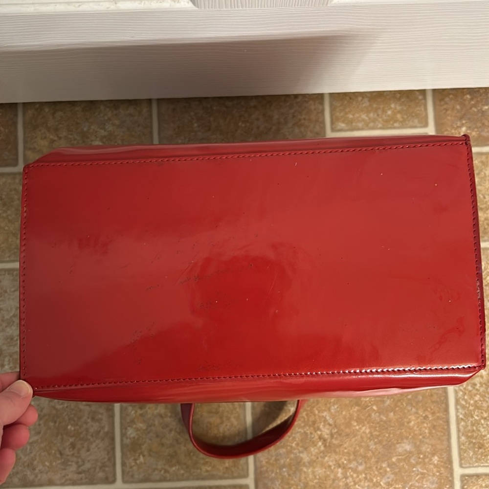 Furla Red Patent Leather Structured Divide It Tote Bag Silver Logo Charm - Picture 9 of 16